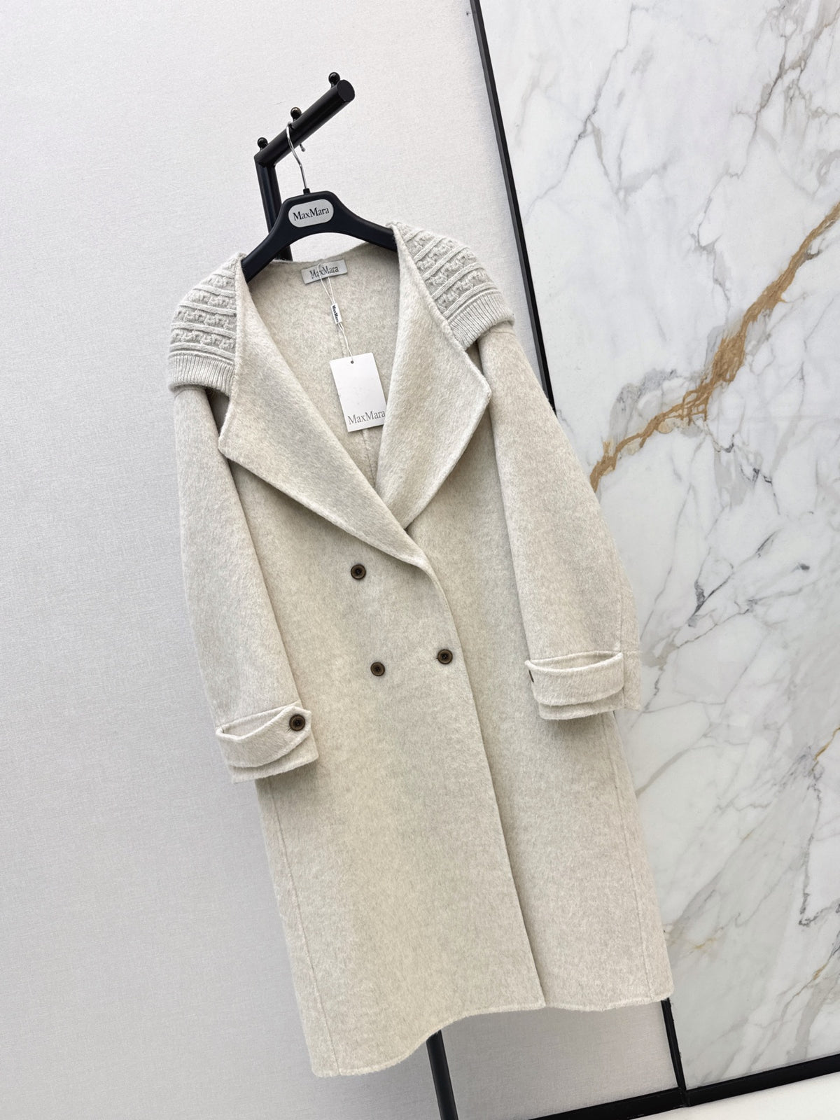 26 Fall/Winter New Knit Patchwork Mid-Length Hooded Wool Double-Faced Coat