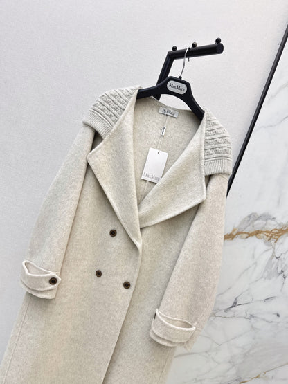 26 Fall/Winter New Knit Patchwork Mid-Length Hooded Wool Double-Faced Coat