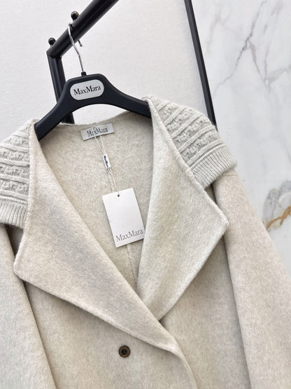 26 Fall/Winter New Knit Patchwork Mid-Length Hooded Wool Double-Faced Coat