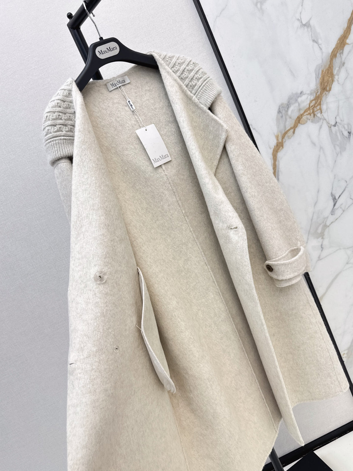 26 Fall/Winter New Knit Patchwork Mid-Length Hooded Wool Double-Faced Coat