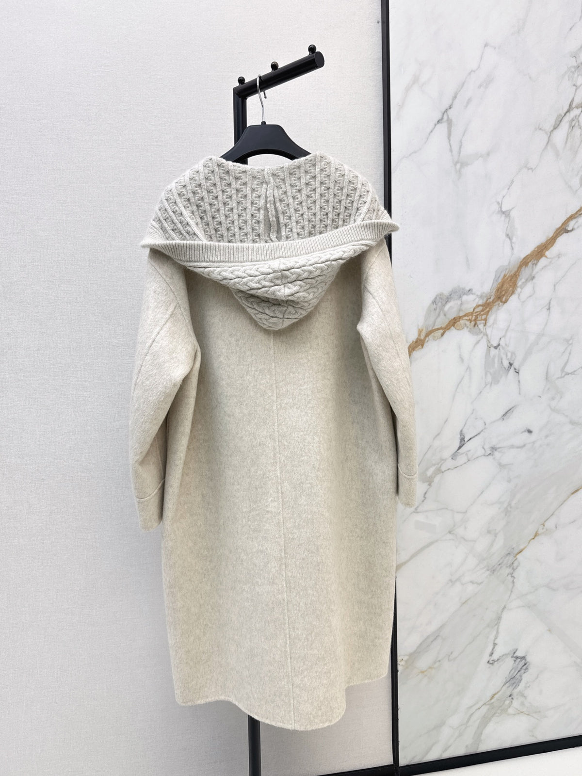 26 Fall/Winter New Knit Patchwork Mid-Length Hooded Wool Double-Faced Coat