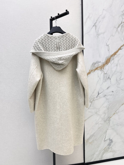 26 Fall/Winter New Knit Patchwork Mid-Length Hooded Wool Double-Faced Coat