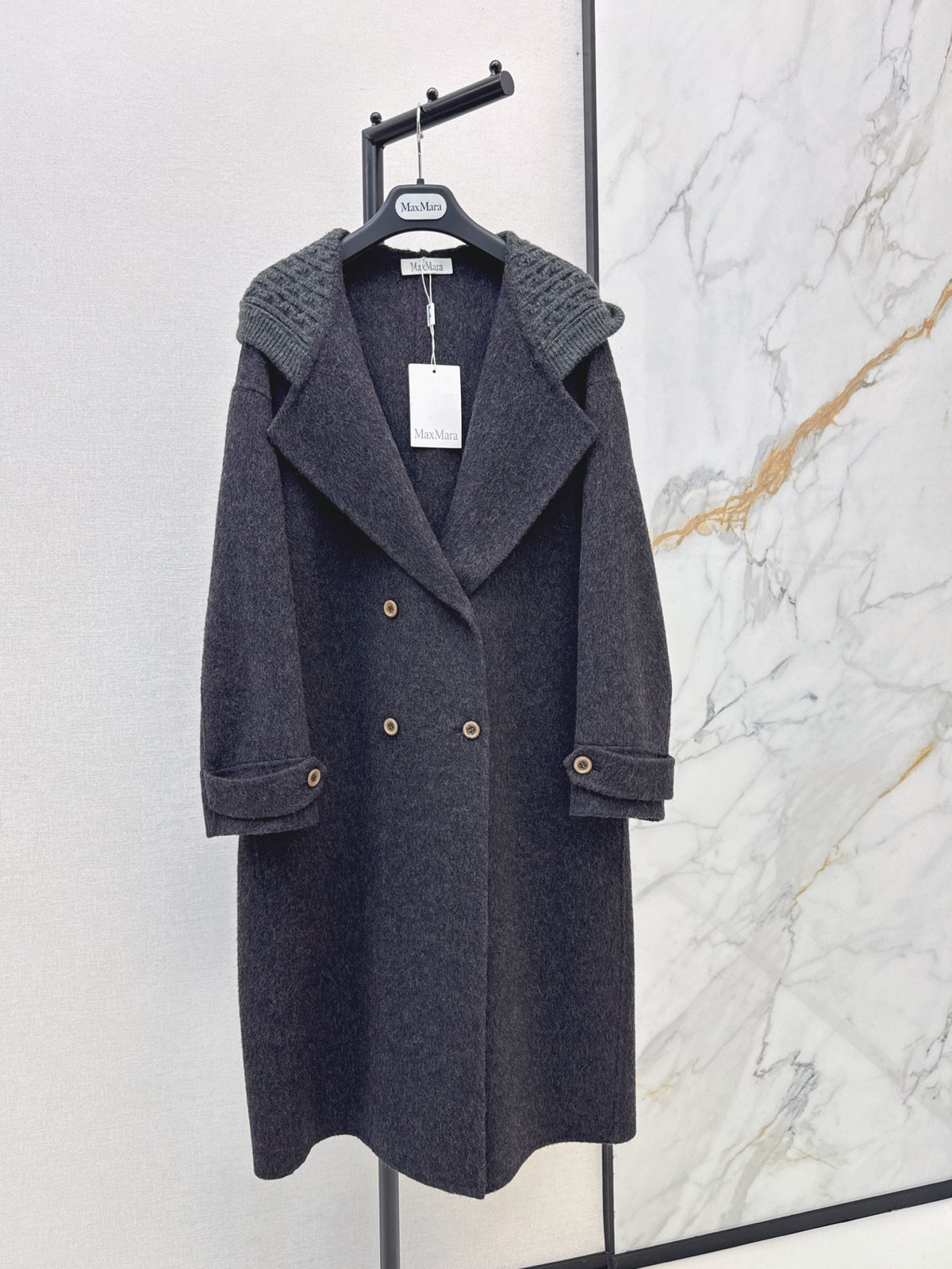 26 Fall/Winter New Knit Patchwork Mid-Length Hooded Wool Double-Faced Coat