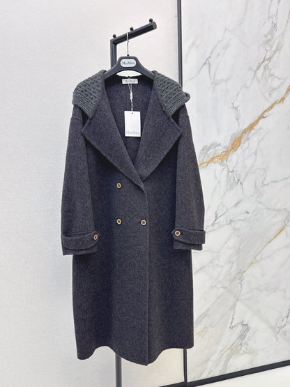 26 Fall/Winter New Knit Patchwork Mid-Length Hooded Wool Double-Faced Coat
