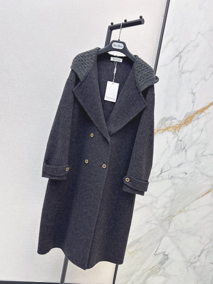 26 Fall/Winter New Knit Patchwork Mid-Length Hooded Wool Double-Faced Coat