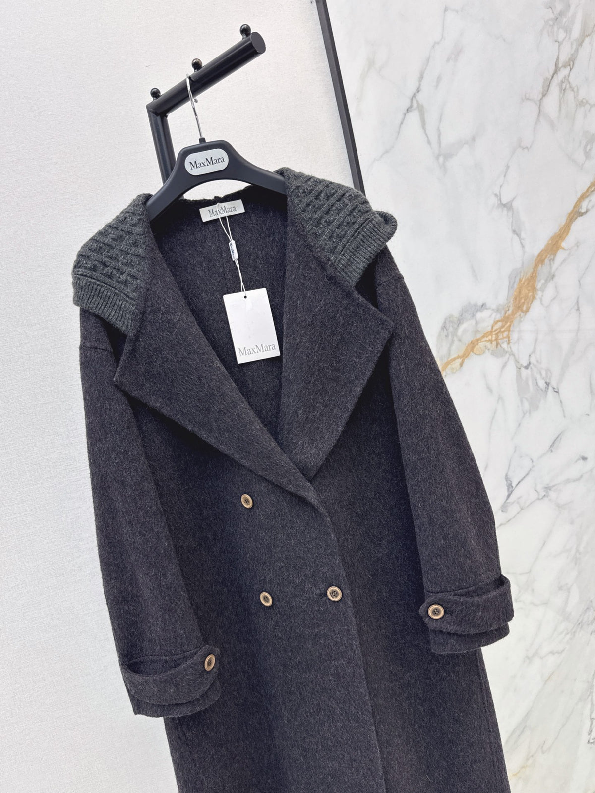 26 Fall/Winter New Knit Patchwork Mid-Length Hooded Wool Double-Faced Coat