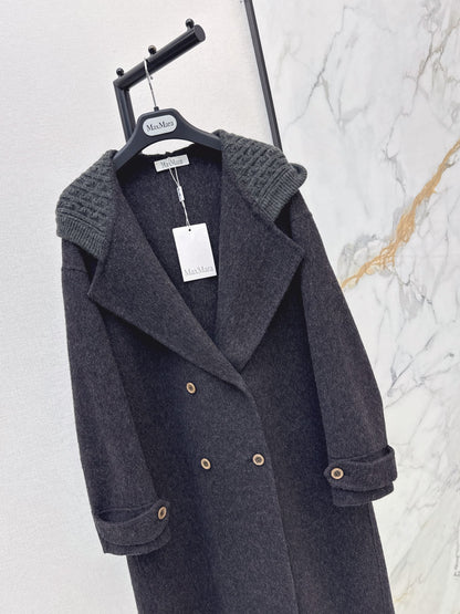 26 Fall/Winter New Knit Patchwork Mid-Length Hooded Wool Double-Faced Coat