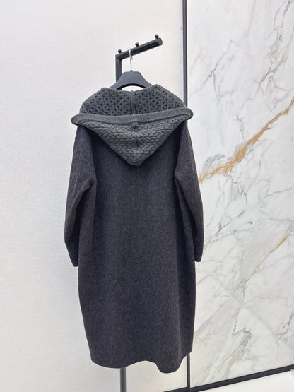 26 Fall/Winter New Knit Patchwork Mid-Length Hooded Wool Double-Faced Coat