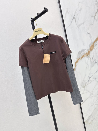 26 Early Autumn Latest Coffee-Colored Faux Two-Piece Patchwork Long-Sleeve T-Shirt