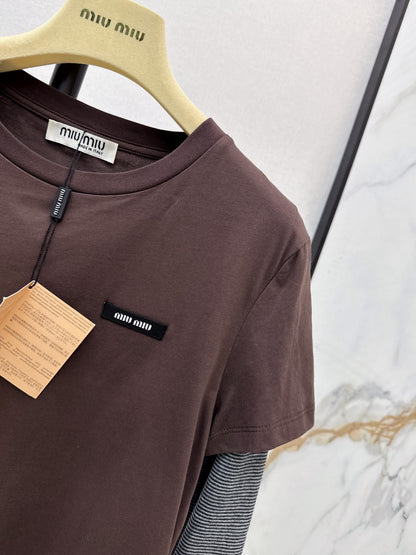 26 Early Autumn Latest Coffee-Colored Faux Two-Piece Patchwork Long-Sleeve T-Shirt