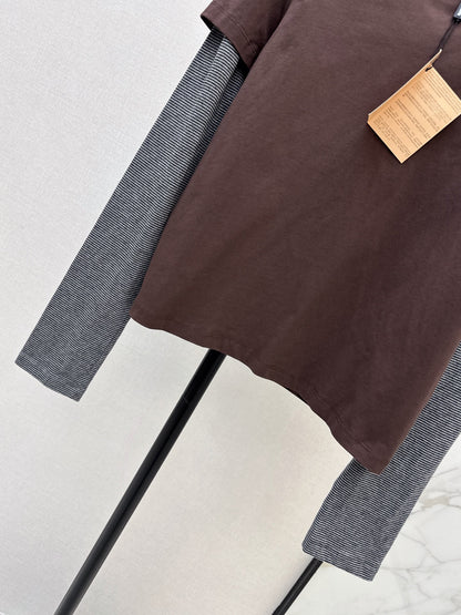 26 Early Autumn Latest Coffee-Colored Faux Two-Piece Patchwork Long-Sleeve T-Shirt
