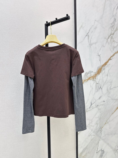 26 Early Autumn Latest Coffee-Colored Faux Two-Piece Patchwork Long-Sleeve T-Shirt