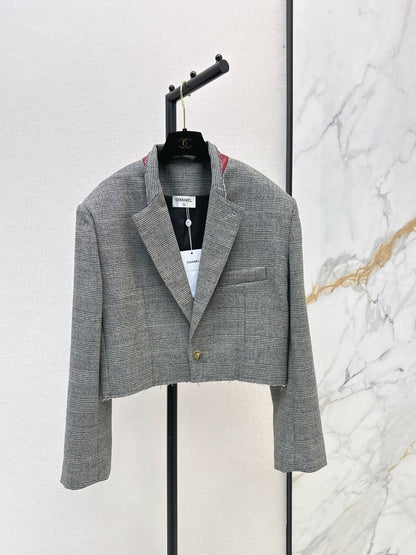 26New Early-Autumn Retro-Chic Grey Plaid Cropped Jacket