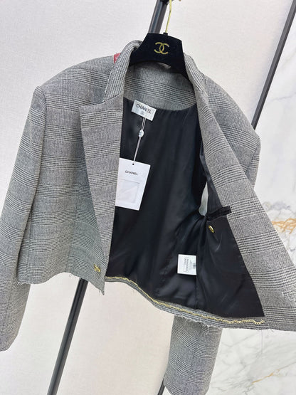 26New Early-Autumn Retro-Chic Grey Plaid Cropped Jacket