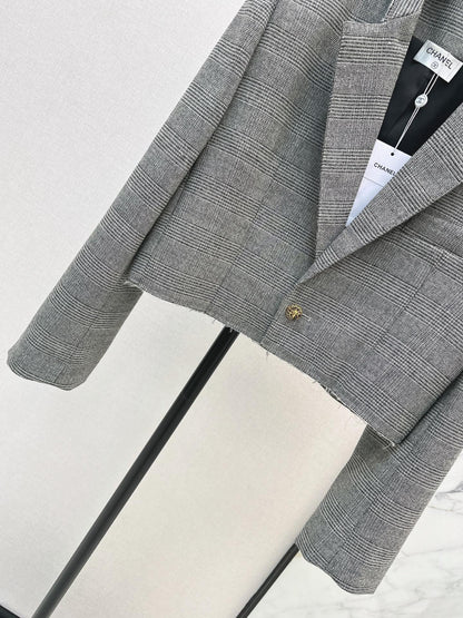 26New Early-Autumn Retro-Chic Grey Plaid Cropped Jacket