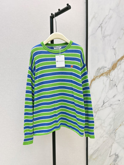 26Latest Autumn/Winter Loose-Fit Striped Sweater with Stick-Figure Motif