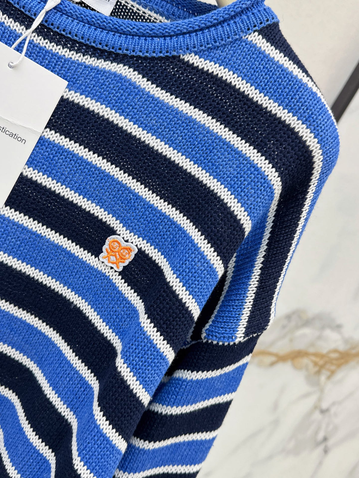 26Latest Autumn/Winter Loose-Fit Striped Sweater with Stick-Figure Motif
