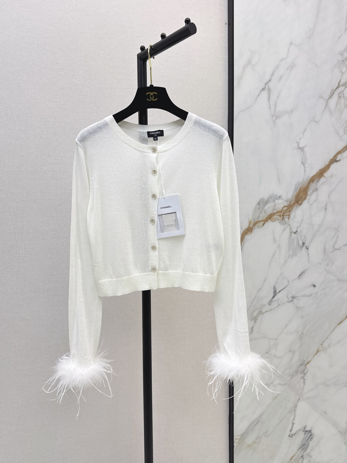 26Latest Autumn/Winter Crew-Neck Cardigan with Ostrich Feather Sleeve Trim
