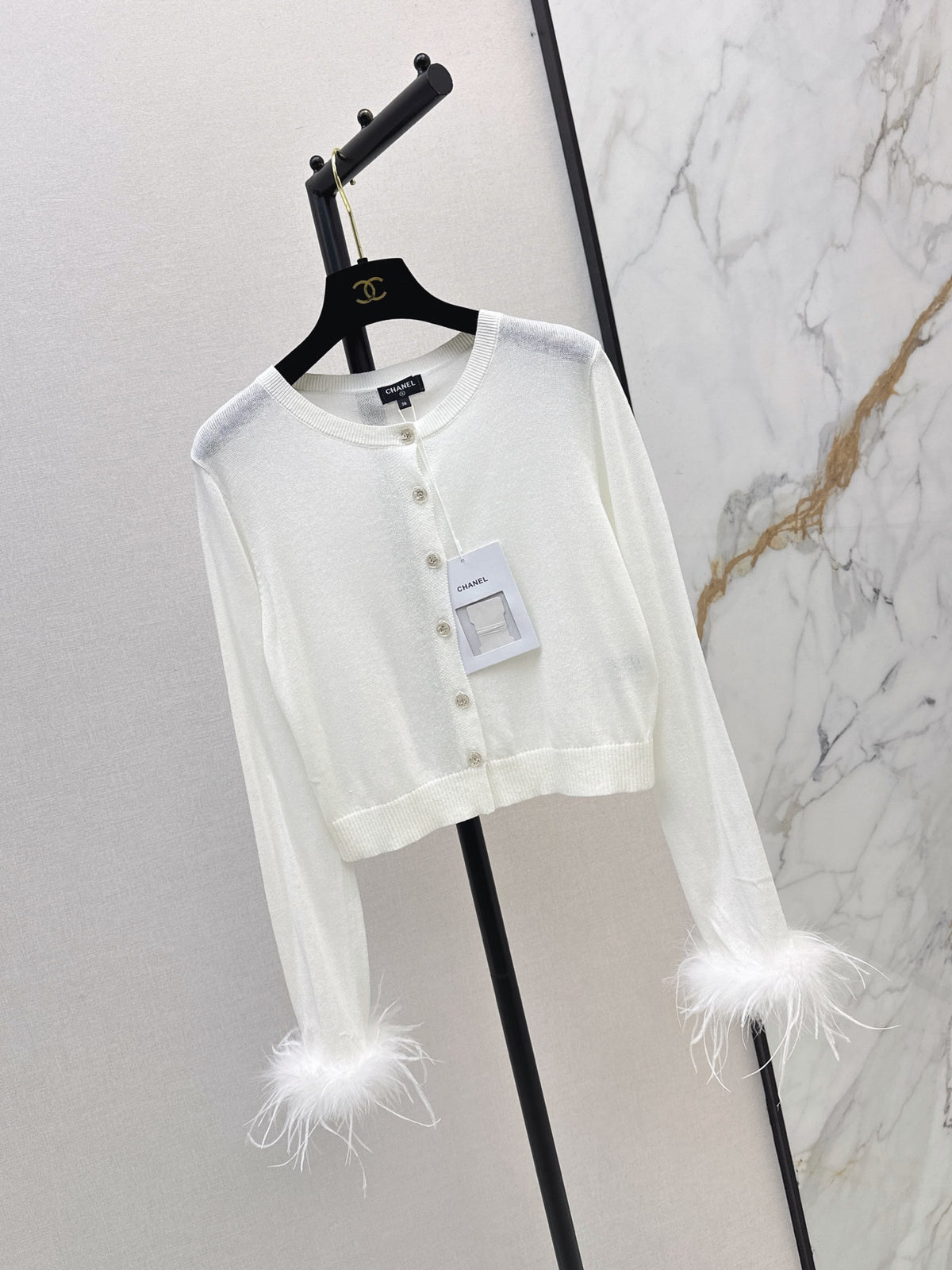 26Latest Autumn/Winter Crew-Neck Cardigan with Ostrich Feather Sleeve Trim