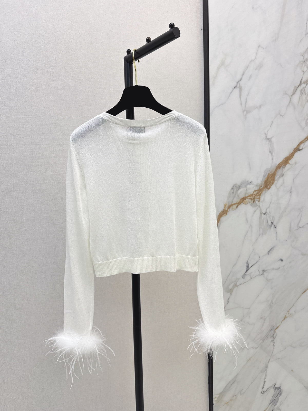 26Latest Autumn/Winter Crew-Neck Cardigan with Ostrich Feather Sleeve Trim