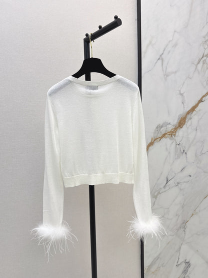 26Latest Autumn/Winter Crew-Neck Cardigan with Ostrich Feather Sleeve Trim
