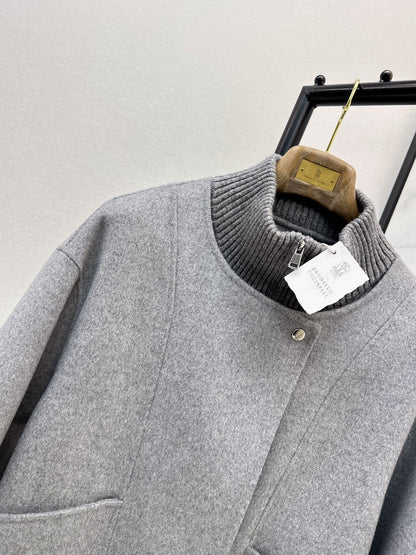 26Latest Autumn/Winter Double-Faced Wool Coat with Ribbed Knit Stand Collar