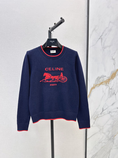 26Latest Autumn/Winter Color-Block Carriage-Motif Long-Sleeve Knit Pullover