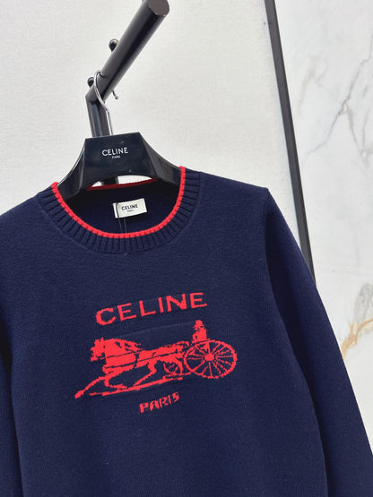 26Latest Autumn/Winter Color-Block Carriage-Motif Long-Sleeve Knit Pullover