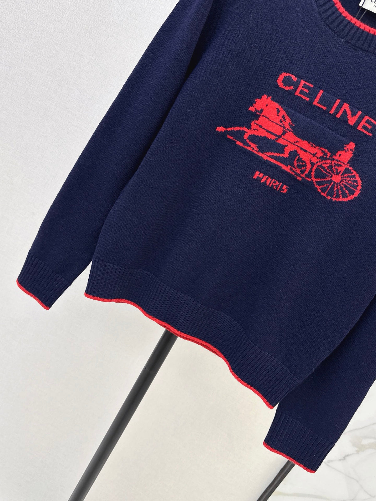 26Latest Autumn/Winter Color-Block Carriage-Motif Long-Sleeve Knit Pullover