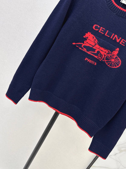 26Latest Autumn/Winter Color-Block Carriage-Motif Long-Sleeve Knit Pullover