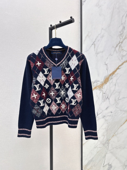 26Latest Autumn/Winter Jacquard Sweater: Intricate 3D Embroidered Logo & Color-Block Diamond Pattern
