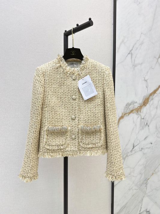 26Latest Autumn/Winter "Chanel-style" Tweed Jacket – Sophisticated, Chic, and Elegant (Beige-Apricot Flecked Finish)