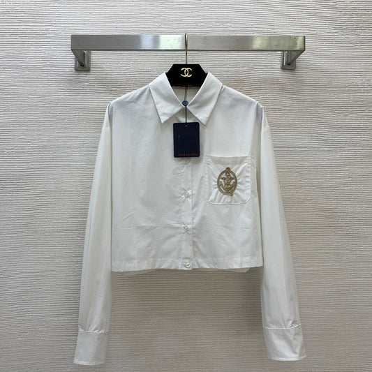26New Polo-Collar Long-Sleeve Cropped Shirt/Top