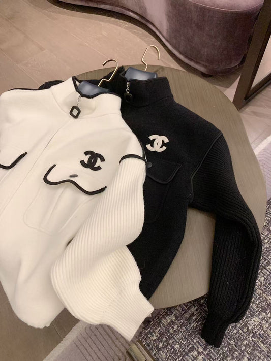 26"Chanel-inspired" Custom Knit Bomber Jacket with Double-C Cuff Detailing