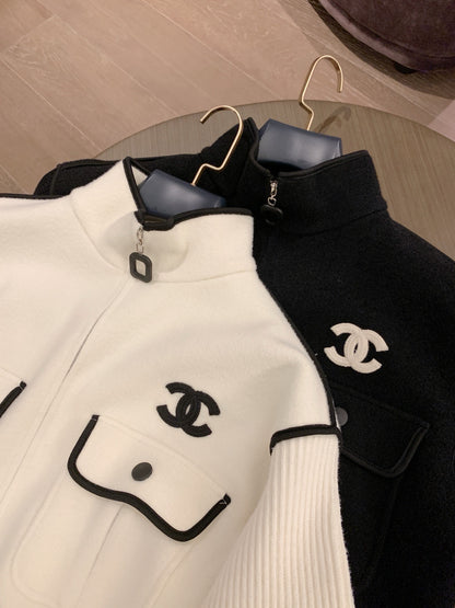26"Chanel-inspired" Custom Knit Bomber Jacket with Double-C Cuff Detailing