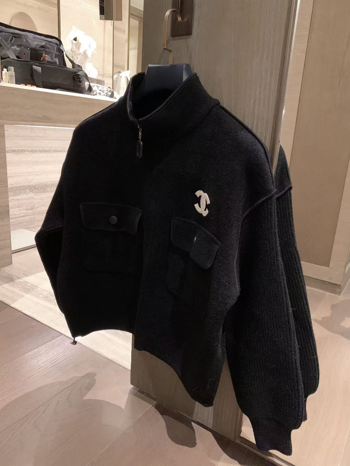 26"Chanel-inspired" Custom Knit Bomber Jacket with Double-C Cuff Detailing