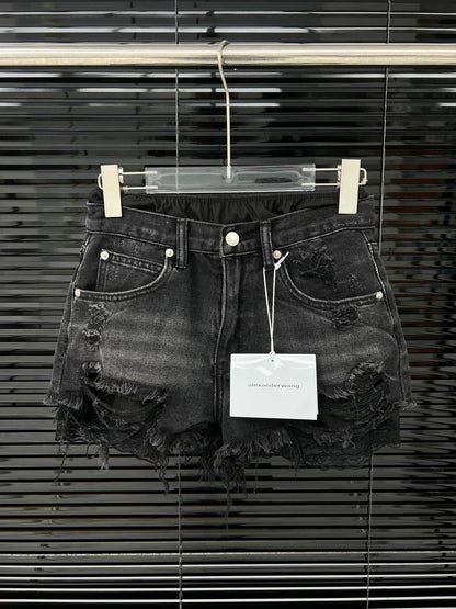 25ss fake two-piece lace lined ripped shorts