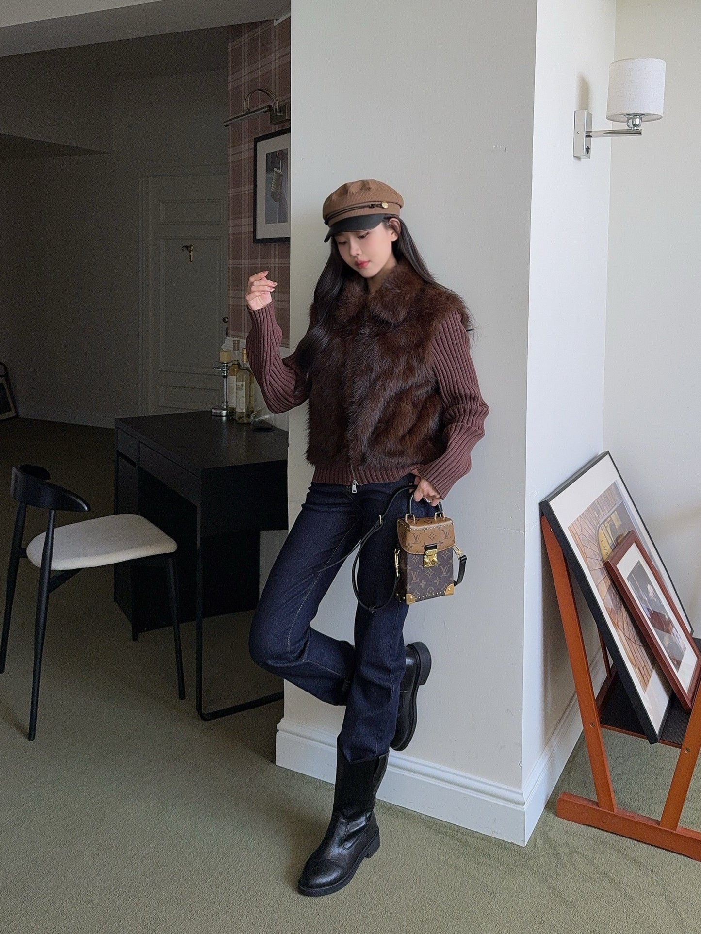 Fox fur patchwork lapel jacket