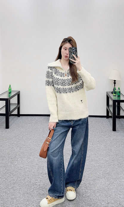 Half open collar pullover sweater