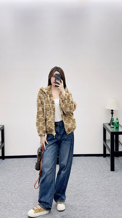 Teddy hooded jacquard zipper jacket