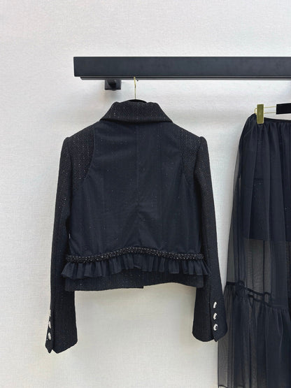 Knit lapel jacket + sleeveless mesh top two-piece set