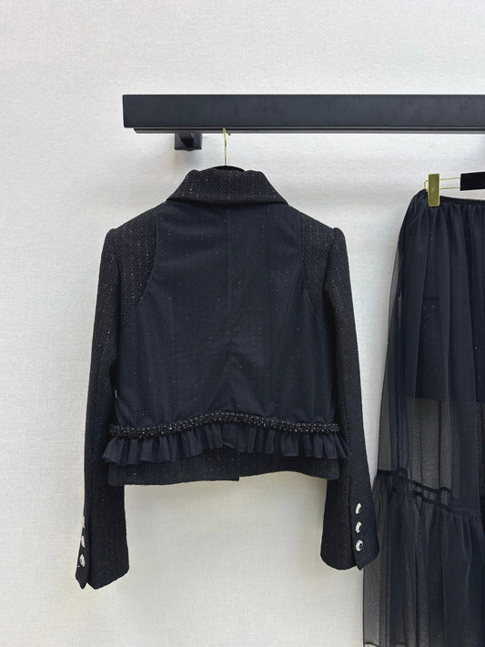 Knit lapel jacket + sleeveless mesh top two-piece set