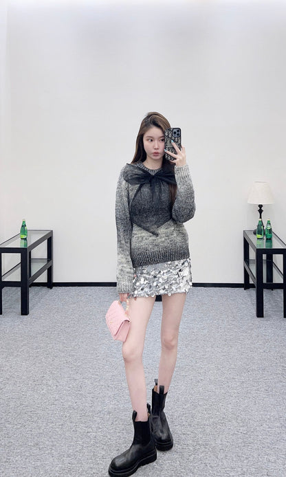 Mesh bow dyed round neck sweater