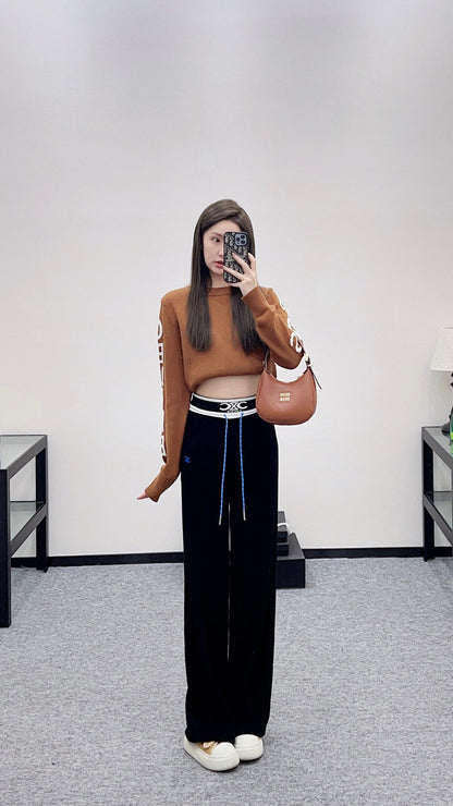 Color blocking drawstring straight leg pants
