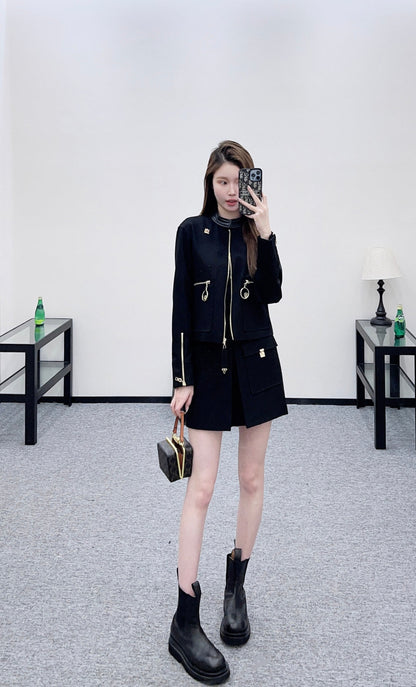 Zipper-front Leather Collar Jacket