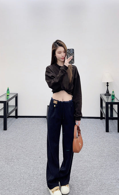 Fleece Drawstring Leather Tag Pants