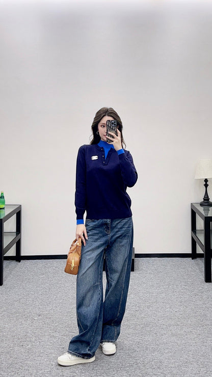 Color-blocked faux two-piece sweater