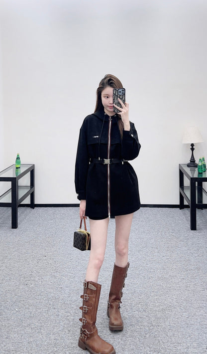 Hooded Belted Mid-Length Coat