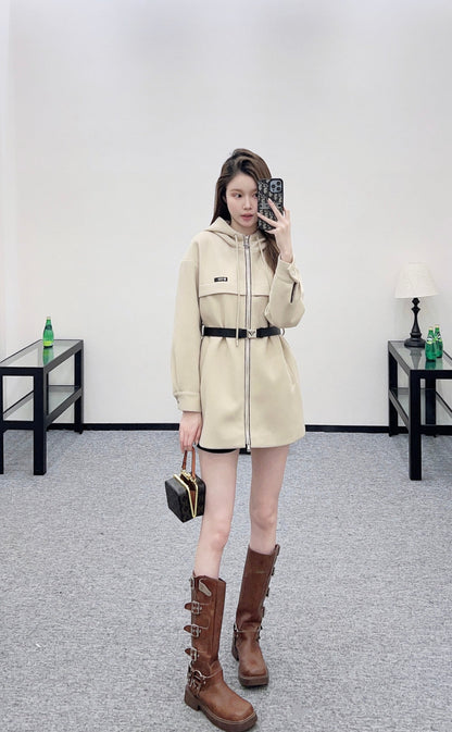 Hooded Belted Mid-Length Coat