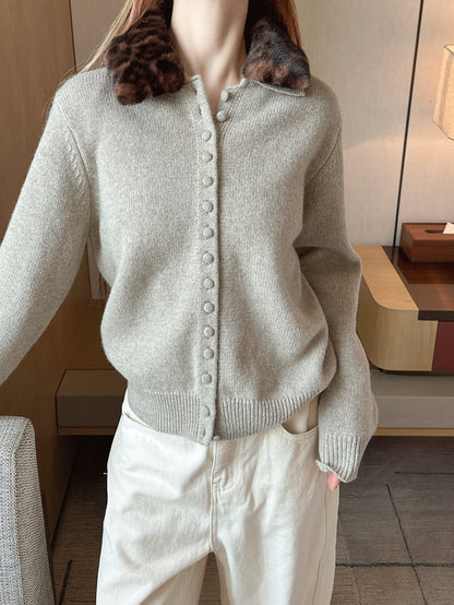 Leopard print collared wool cardigan